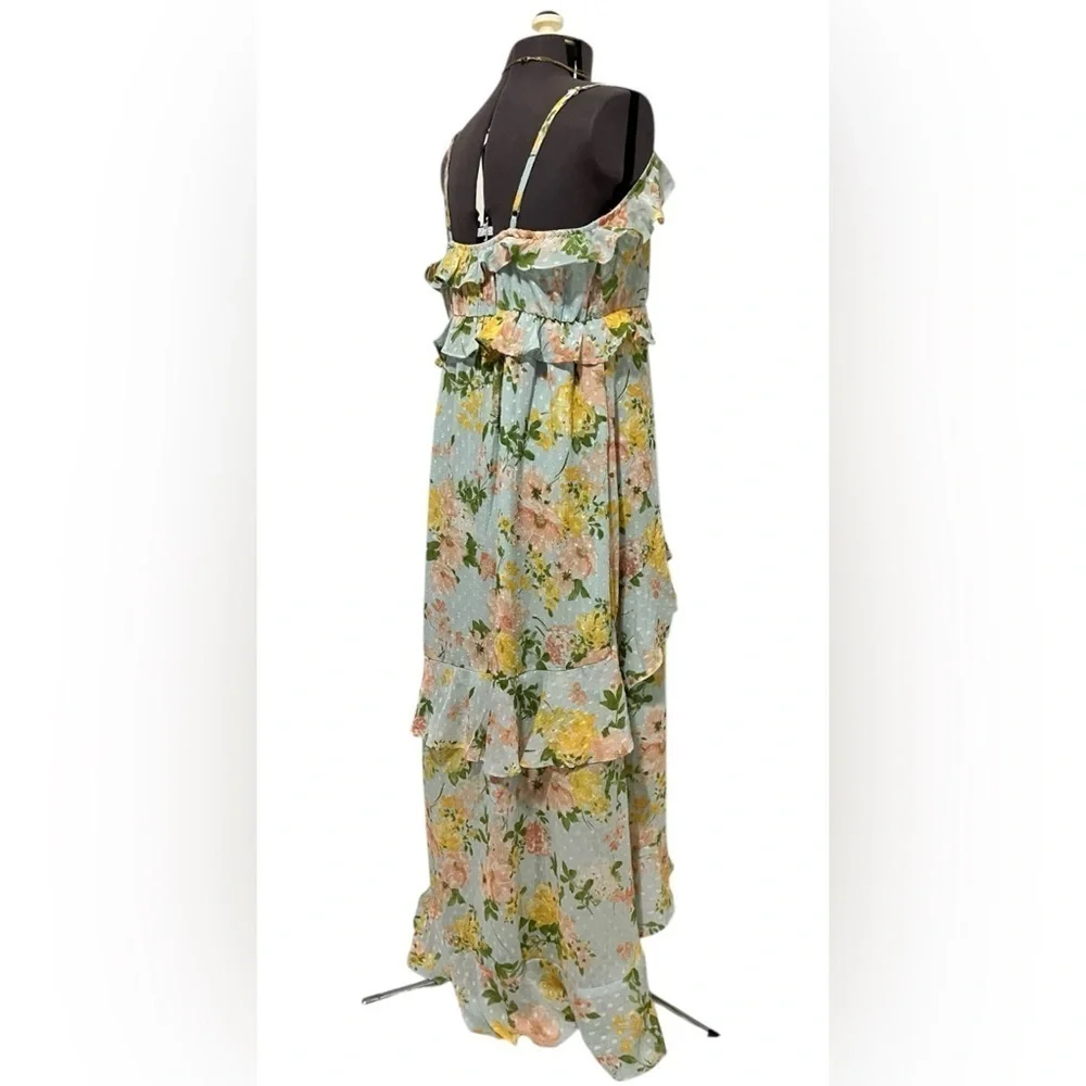 By The River Blossom In Time Blue Multi Floral Ruffle Tiered Midi Dress Size L - Picture 9 of 14